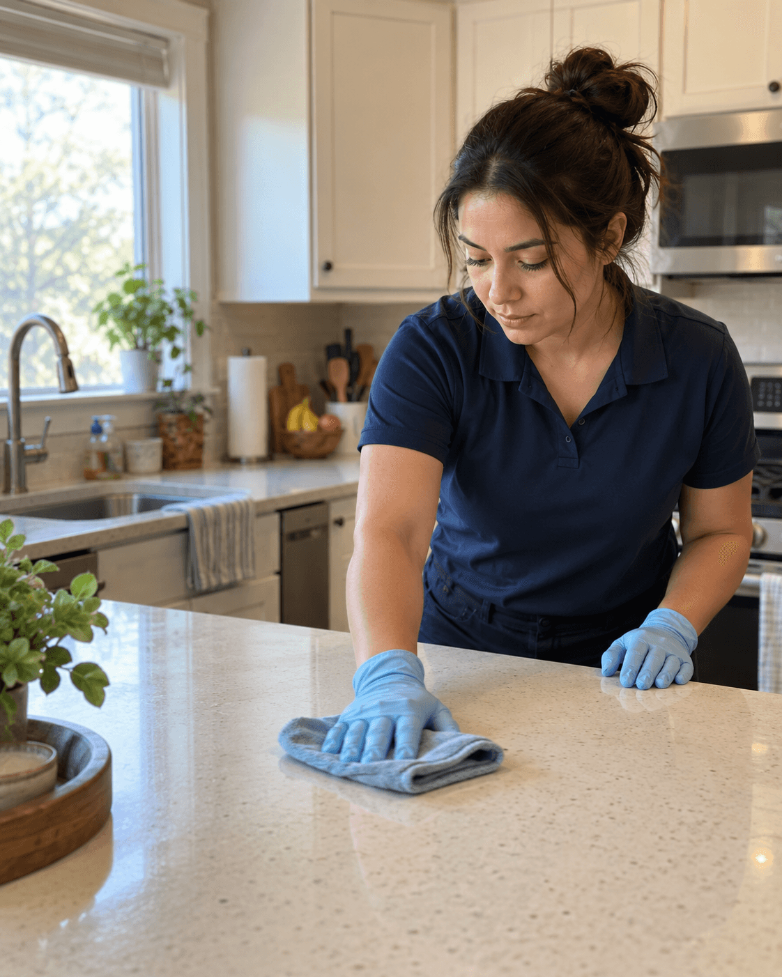 A house cleaner wiping a kitchen counter